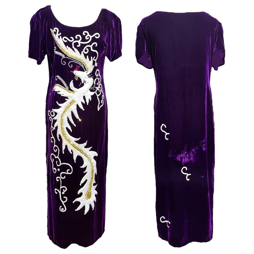 Vintage Purple Velvet Hand-Sewn Gorgeous Maxi Dress with Sequins/Beads